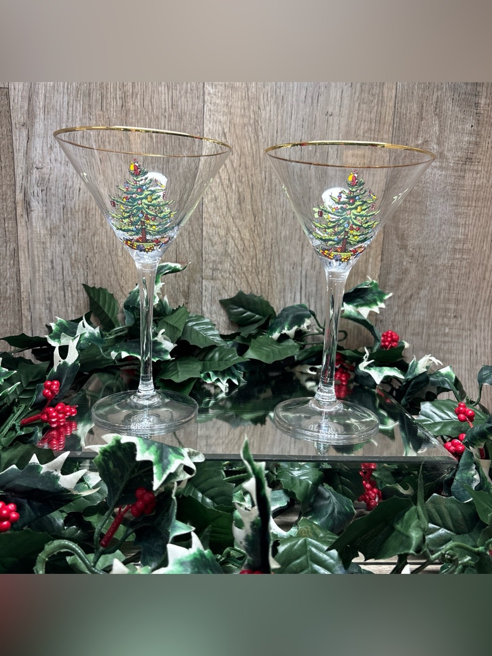 Spode ChristmasTree Martini Glass Gold Rim Single Stem Set Of 2Holiday Cocktails